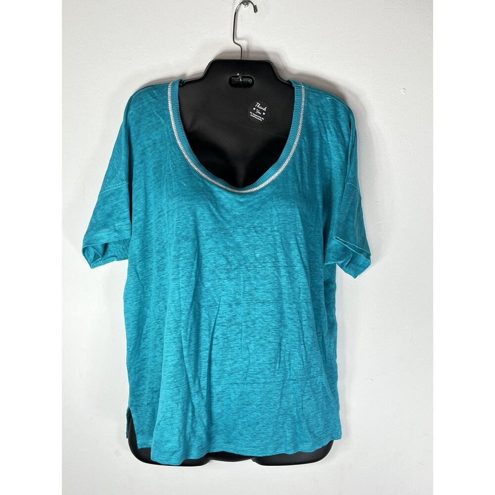 Chico's Shirt Womens 2 L Blue Scoop Neck Short Sleeve Metallic Trim Tee Top